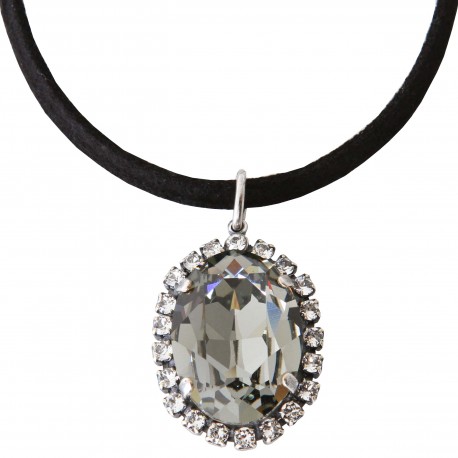 Collier lacet coton noir avec cristaux Swarovski® Black Diamond et Crystal