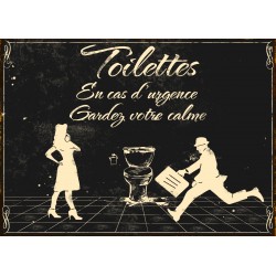 Metal plate "Toilettes, En cas d'urgence, Gardez votre calme"