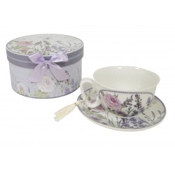 Coffret tasse et sous tasse décor lavande et rose