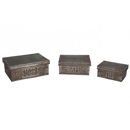 Set of 3 zinc boxes Sucre / Café / Thé