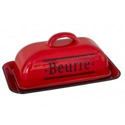 Red enamelled butter dish « Beurre »