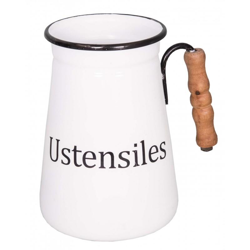 White enamel utensil jar with wooden handle by Antic Line ideal for a