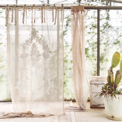 Natural linen color Clizia embroidered linen curtain with knots 140 x 290 cm