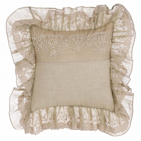 Embroidered beige Cotton Shadows cushion with flounces 45 x 45 cm