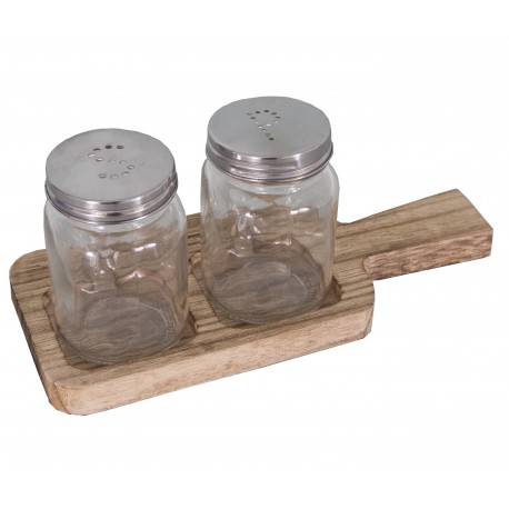 Salt and pepper display on a wooden board