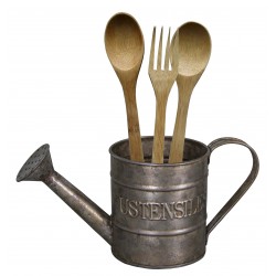 Mini zinc watering can with wooden kitchen utensils