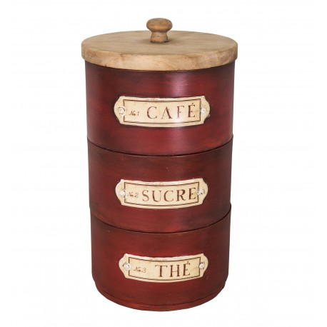 Pot triple "Café Sucre Thé" avec couvercle en bois