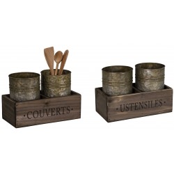 Set of 2 zinc "Ustensiles / Couverts" pots in a wooden case