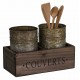 Set of 2 zinc "Ustensiles / Couverts" pots in a wooden case